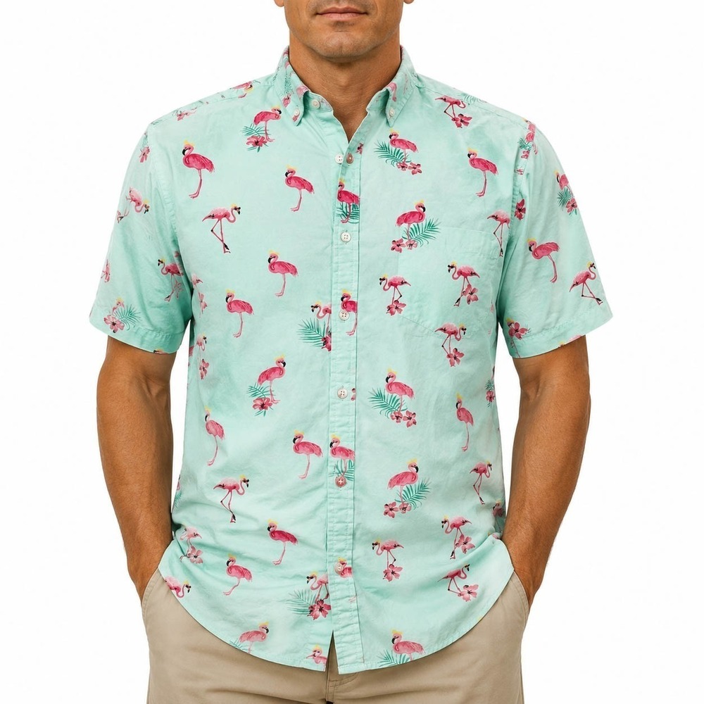Denim & Flower Ricky Singh Mens XL Slim Fit Flamingo Tropical Button Down Shirt‎